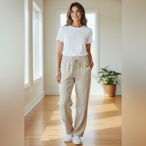 Love Tree Linen Blend Elastic Waist Pants – Neutral Beige – Medium